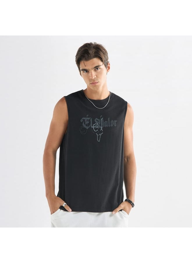 FAV Typographic Print Sleeveless T-shirt with Crew Neck  - Image 1