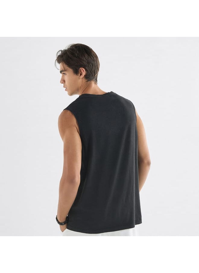 FAV Typographic Print Sleeveless T-shirt with Crew Neck  - Image 3