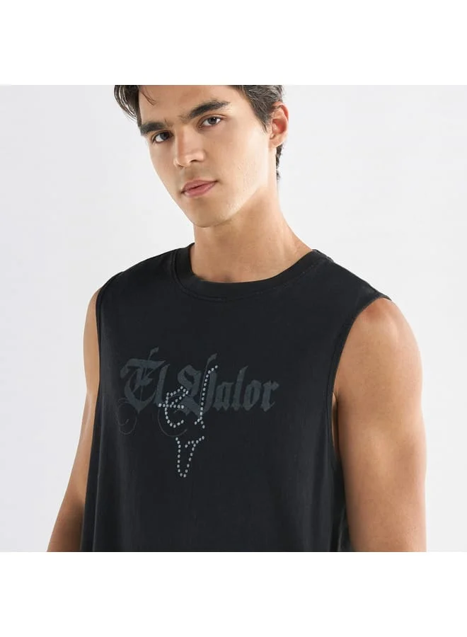 Splash FAV Typographic Print Sleeveless T-shirt with Crew Neck