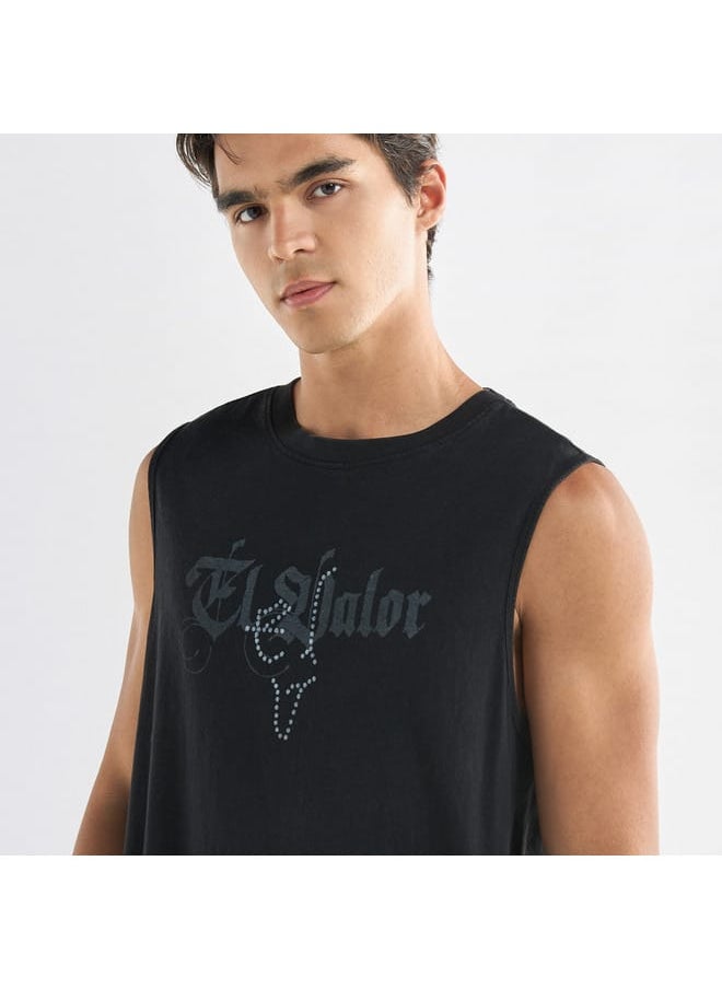 FAV Typographic Print Sleeveless T-shirt with Crew Neck  - Image 4