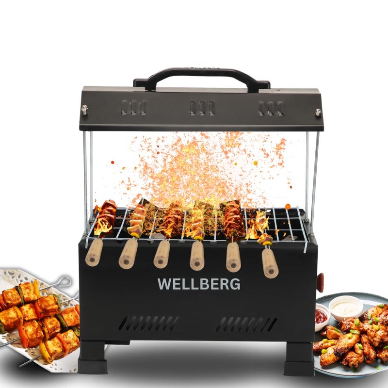 Wellberg 2-in-1 Electric & Charcoal Barbecue Grill Set 1200W Stainless Steel Element 13Inch Size Includes Tong Skewers Portable Grill for Home Camping Barbecue Grill for Outdoor Cooking (Black) - Image 1