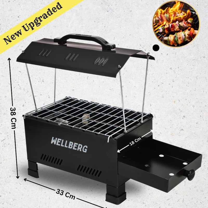Wellberg 2-in-1 Electric & Charcoal Barbecue Grill Set 1200W Stainless Steel Element 13Inch Size Includes Tong Skewers Portable Grill for Home Camping Barbecue Grill for Outdoor Cooking (Black) - Image 2