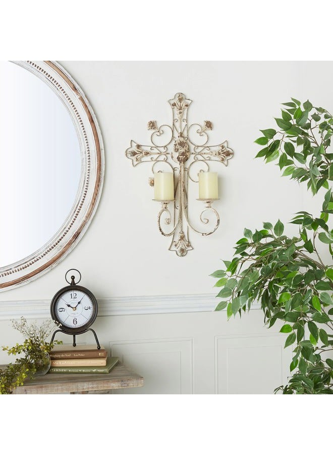 Deco 79 White Iron French Country Wall Sconce 24 x 17 x 5 Inches Candle Holder Hanging Wall Mounted Candle Sconces for Living Room Home Decor - Image 1