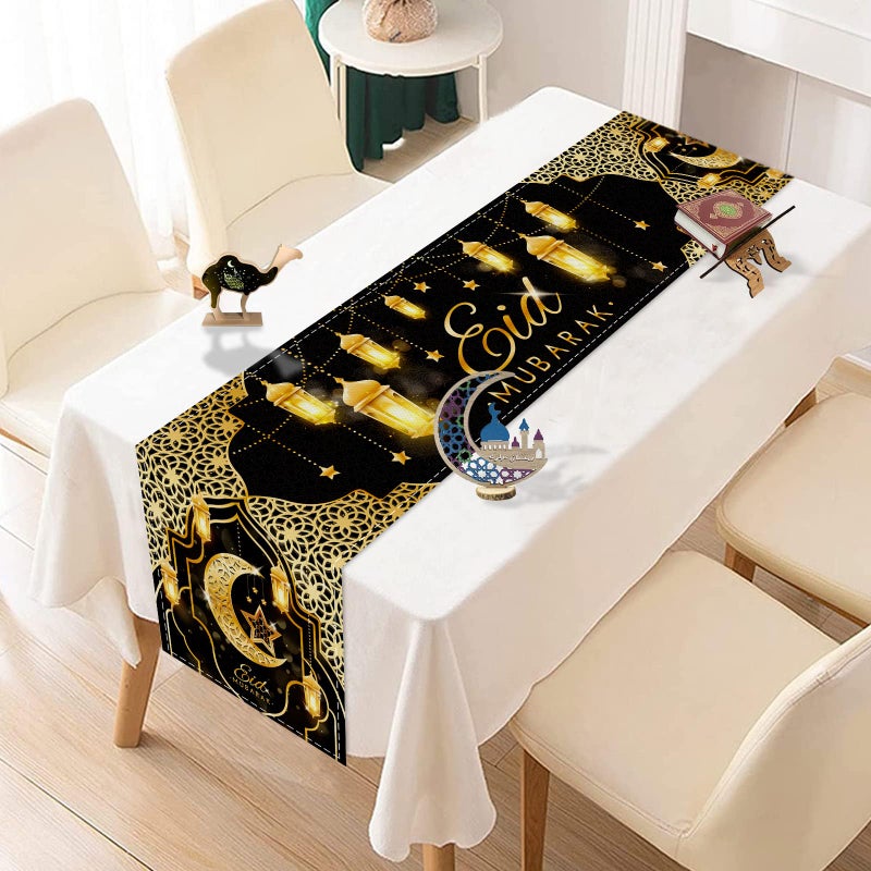 Fengrise Eid Mubarak Table Runner - Black Gold Ramadan Kareem Decorations for Home 2026, Star Moon and Lantern Pattern, Eid Al-Fitr Table Cloth,Islamic Decorations Supplies for Kitchen Indoor (13x72) - Image 1