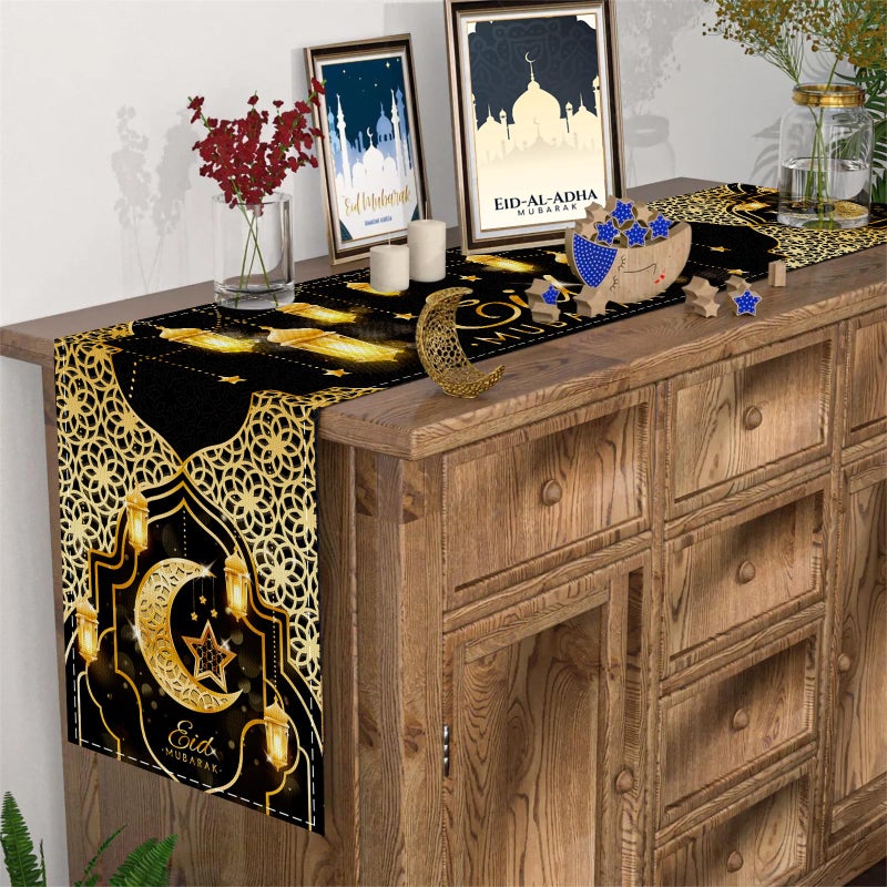 Fengrise Eid Mubarak Table Runner - Black Gold Ramadan Kareem Decorations for Home 2026, Star Moon and Lantern Pattern, Eid Al-Fitr Table Cloth,Islamic Decorations Supplies for Kitchen Indoor (13x72) - Image 5