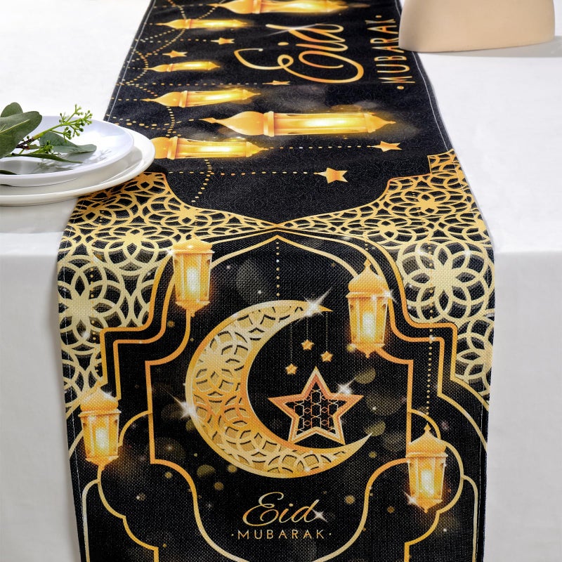Fengrise Eid Mubarak Table Runner - Black Gold Ramadan Kareem Decorations for Home 2026, Star Moon and Lantern Pattern, Eid Al-Fitr Table Cloth,Islamic Decorations Supplies for Kitchen Indoor (13x72) - Image 2