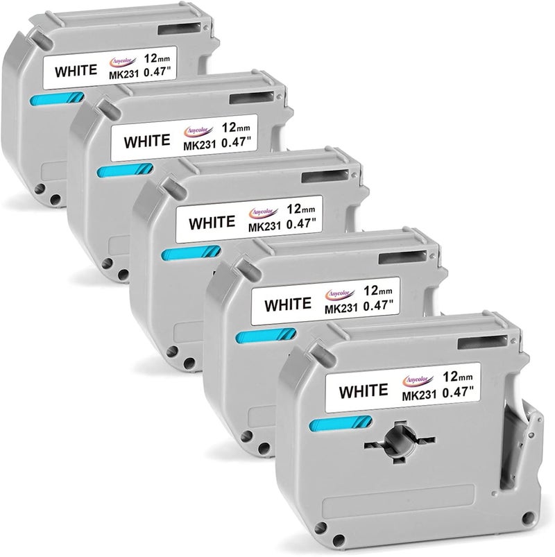 Anycolor 5-Pack Compatible Label Tape Replacement for Brother P Touch M Tape M231 MK231 M-K231 M-231 M-K231s Work with Brother Ptouch PT-M95 PT-90 PT-70 PT-65 PT-85 PT-80, 12mm 0.47 White, 26.2 Feet - Image 1