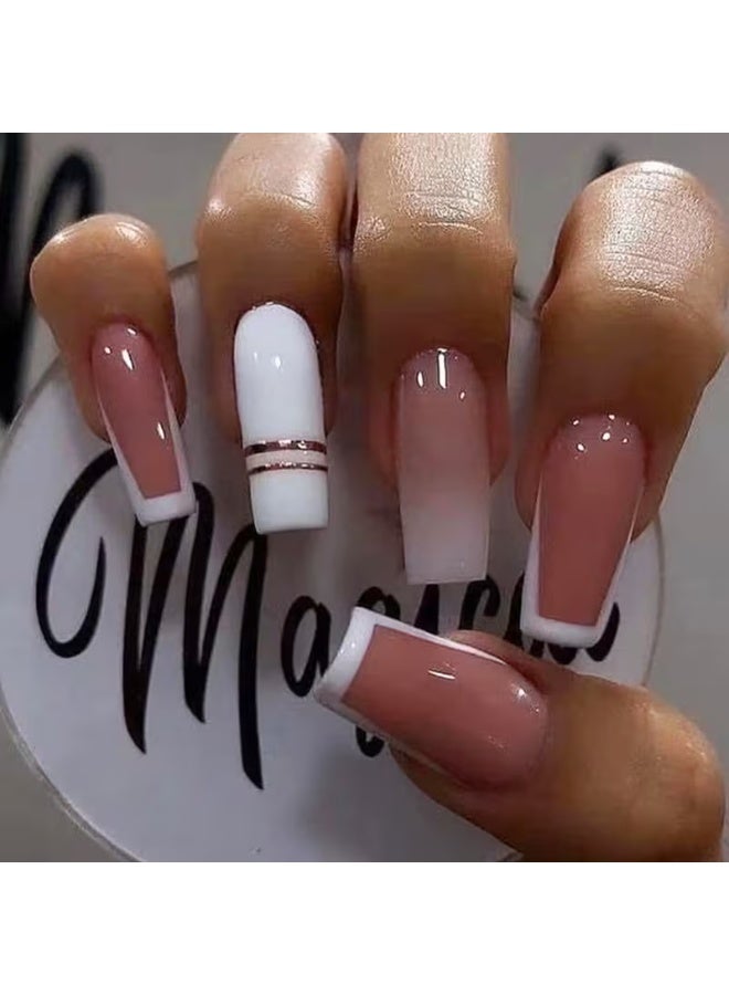 Goolsky 24 pcs Glossy Long Coffin Press On Nails - Ballerina French Tip Acrylic Nails with Pink Gradient Design - Easy to Apply and Remove - Image 1