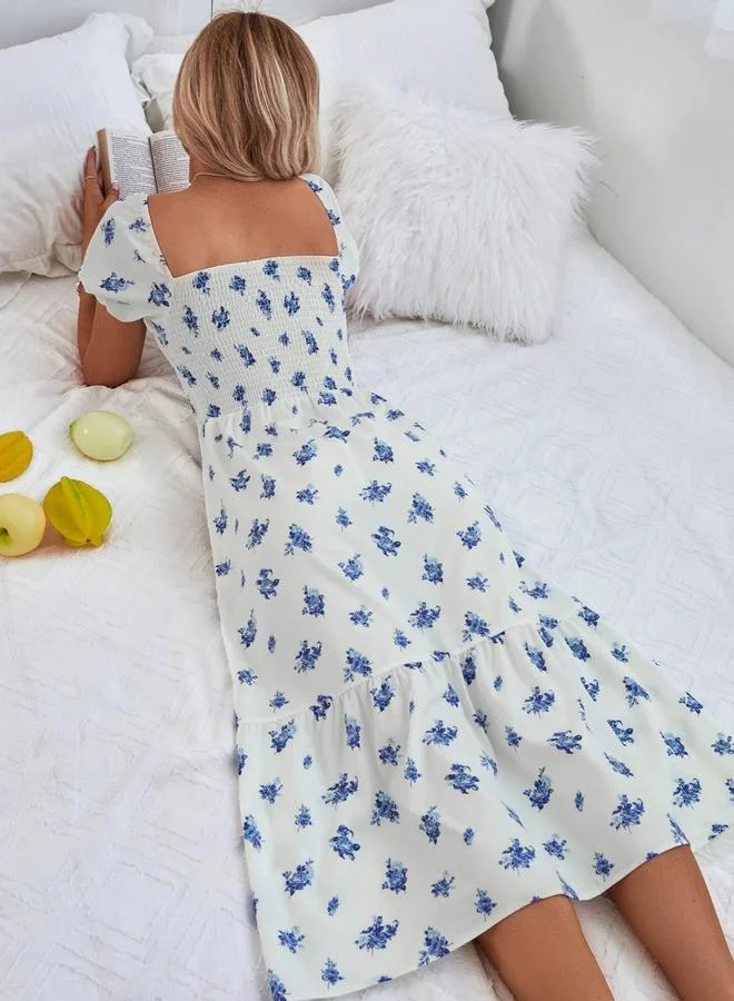 Take Two Women Blue Floral Print Smocked Detail Midi Dress
