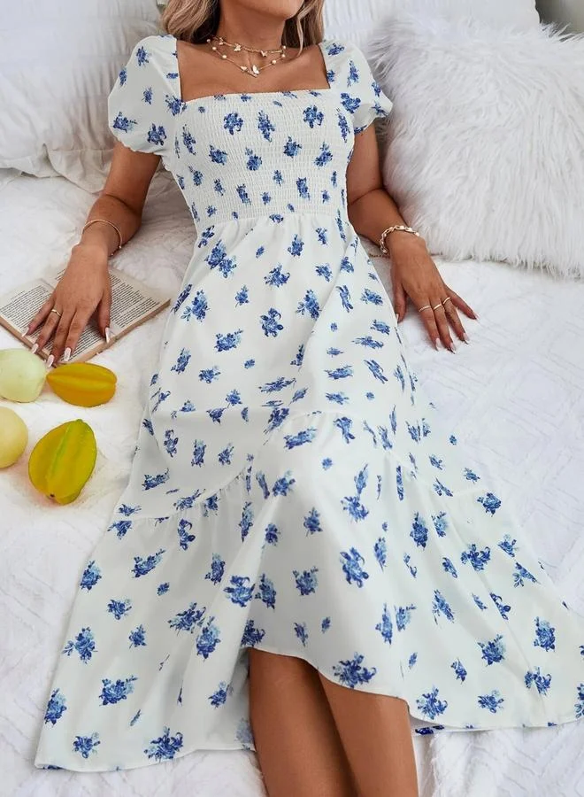Take Two white with blue floral Women Blue Floral Print Smocked Detail Midi Dress for Women | Best Price UAE