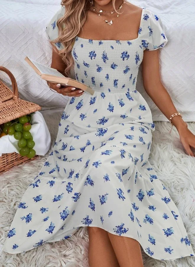 Take Two white with blue floral Women Blue Floral Print Smocked Detail Midi Dress for Women | Best Price UAE