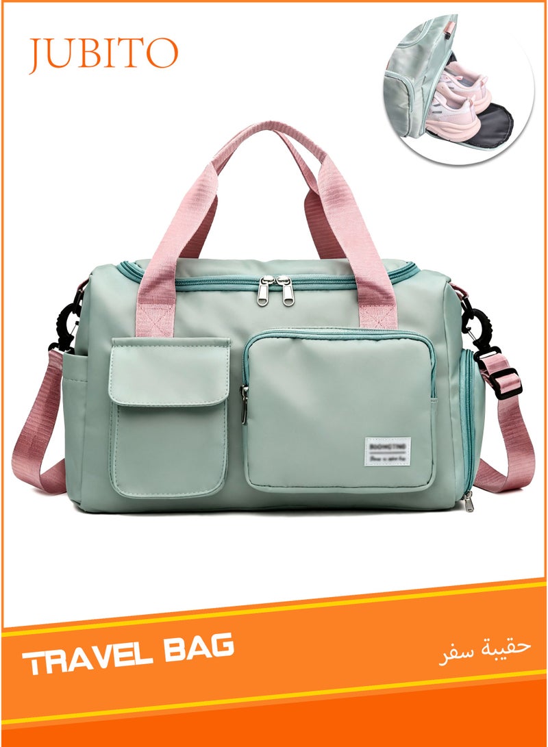 JUBITO Travel bag, Gym bag, large-capacity women's fitness bags with shoe compartments and waterproof pockets, suitable for students, light storage travel handbags (green, Oxford cloth) - Image 1