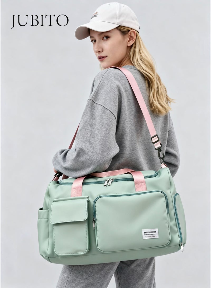 JUBITO Travel bag, Gym bag, large-capacity women's fitness bags with shoe compartments and waterproof pockets, suitable for students, light storage travel handbags (green, Oxford cloth) - Image 2