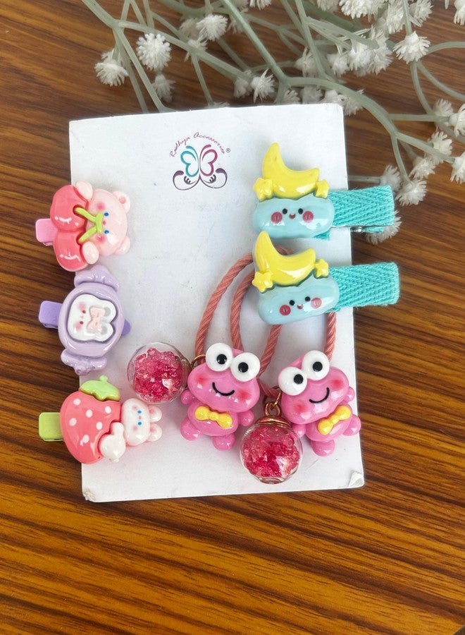 Radhya Accessories Cartoon Hairties for Girls Pack of 7 | Flower Rubberbands for Kids Toddlers Baby Girls | Cute Doll Hair Clips | Korean Style Hair Accessories Gift Set for Girls (Set 2) - Image 1