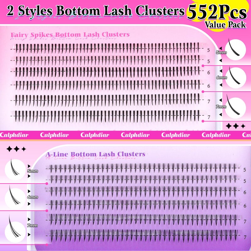 calphdiar Bottom Lashes Extension 552pcs Natural Lower Eyelash Clusters 5-7mm Bottom Lash Clusters 2 Styles Individual Lashes DIY Bottom Cluster Eyelash Extensions - Image 2