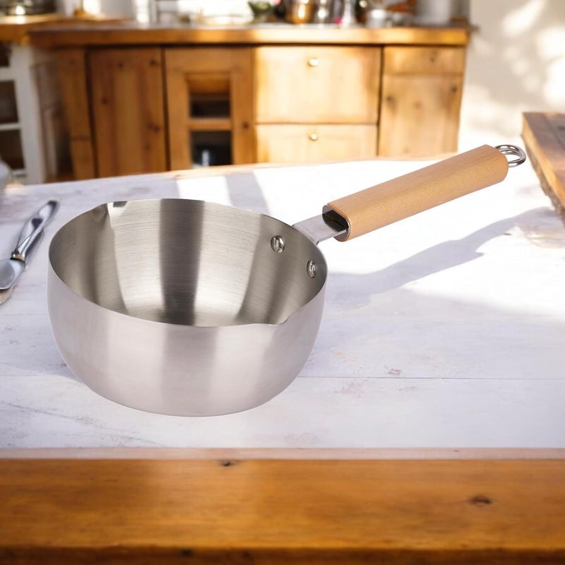 DRODRM Traditional Japanese Saucepan NonStick Aluminium Mil Sauce Pan Milk Pot with Wooden Handle Pouring Spout for Soup Noodles Sugar Chocolate Melting Pot Silver18CM1Pcs - Image 2