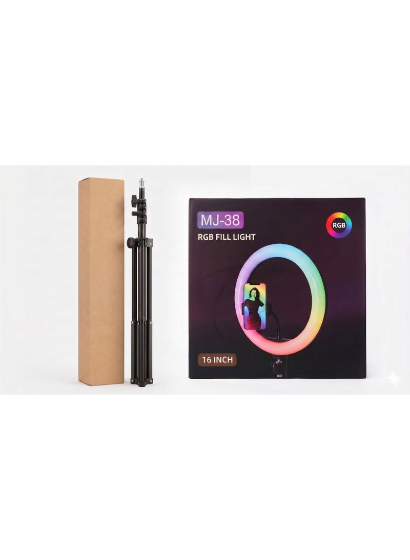 رنج لايت ملون RGB مقاس 16 بوصة مع ستاند حامل ثلاثي وقاعدة جوال مرنة للتصوير وبث الفيديو - موديل MJ-38 - Image 1