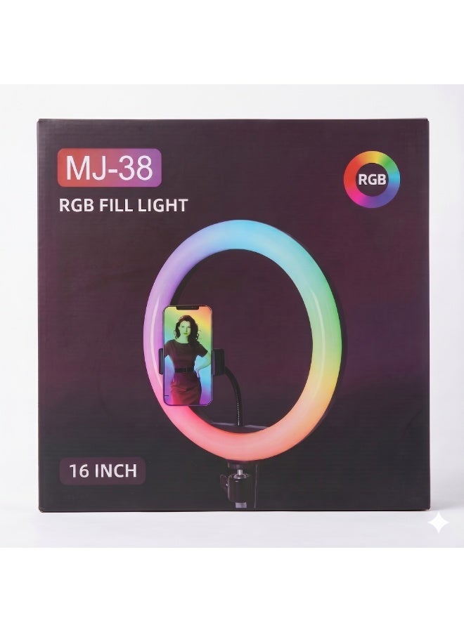 رنج لايت ملون RGB مقاس 16 بوصة مع ستاند حامل ثلاثي وقاعدة جوال مرنة للتصوير وبث الفيديو - موديل MJ-38 - Image 4