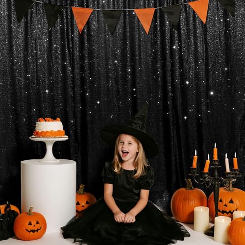 SquarePie Sequin Backdrop Less Transparent Background Sparkly Curtain for Wedding Halloween Party 5FT x 7FT Black - Image 1
