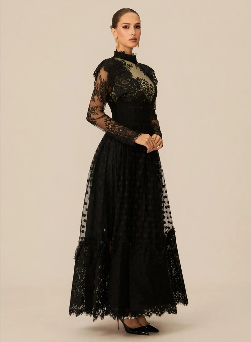 Sunfere Elegant Enchantment Black Polka Dot Lace Maxi Dress