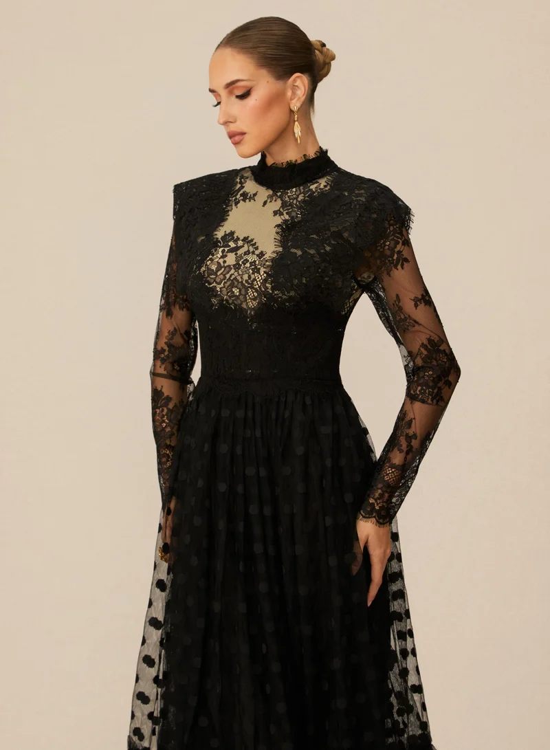 Sunfere  Elegant Enchantment Black Polka Dot Lace Maxi Dress for Women | Best Price UAE