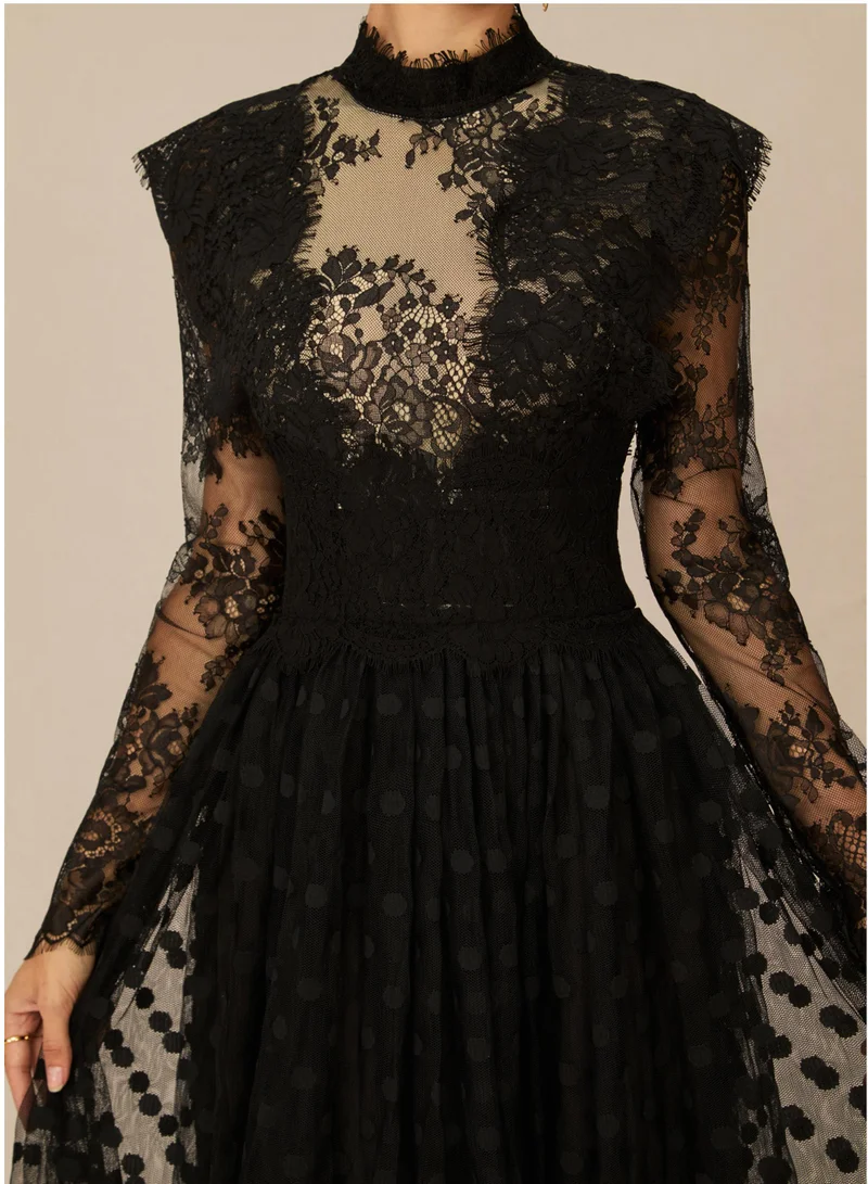 Sunfere  Elegant Enchantment Black Polka Dot Lace Maxi Dress for Women | Best Price UAE