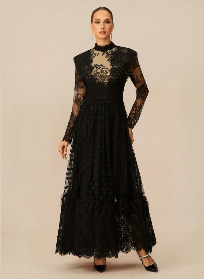 Sunfere  Elegant Enchantment Black Polka Dot Lace Maxi Dress for Women | Best Price UAE