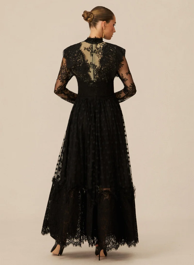 Sunfere  Elegant Enchantment Black Polka Dot Lace Maxi Dress for Women | Best Price UAE