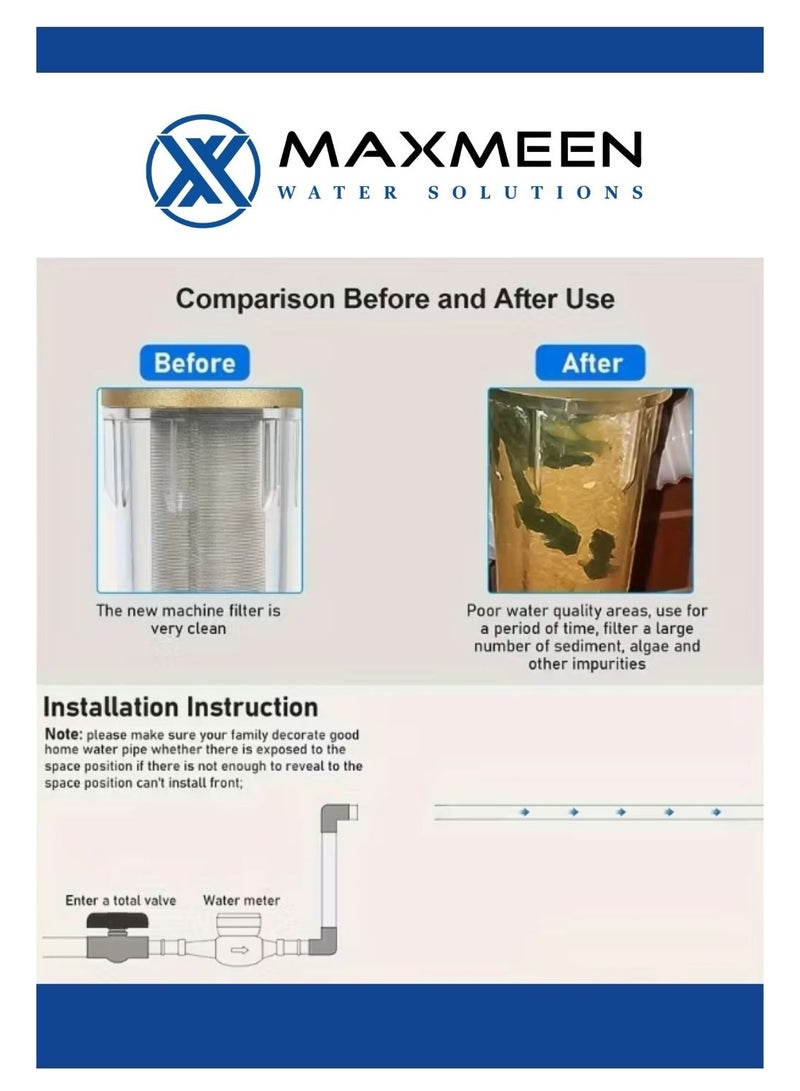 ماكسمين فلتر مياه مسبق 1/2 بوصة للمنزل – شبك ستانلس ستيل لإزالة الرواسب – بدون كهرباء- ماكسمين - Image 4