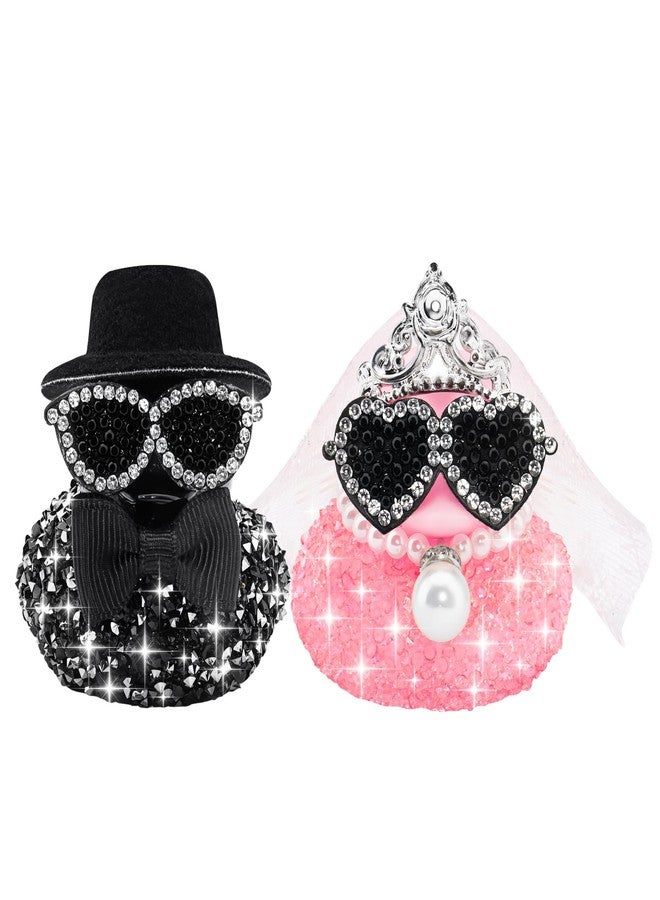 wonuu Mini Sparkly Diamond-Studded Wedding Rubber Duck, Groom Bride Couple Duckies Set Bling Rhinestones Ducky, Rose Flower Crown - Image 1