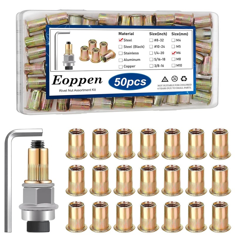 Eoppen 50Pcs M6 Rivet Nuts with Hand Rivet Nut Tool, Carbon Steel Flat Head Threaded Insert Nut Kit for Furniture, Automotive, Marine and Decoration - Image 1