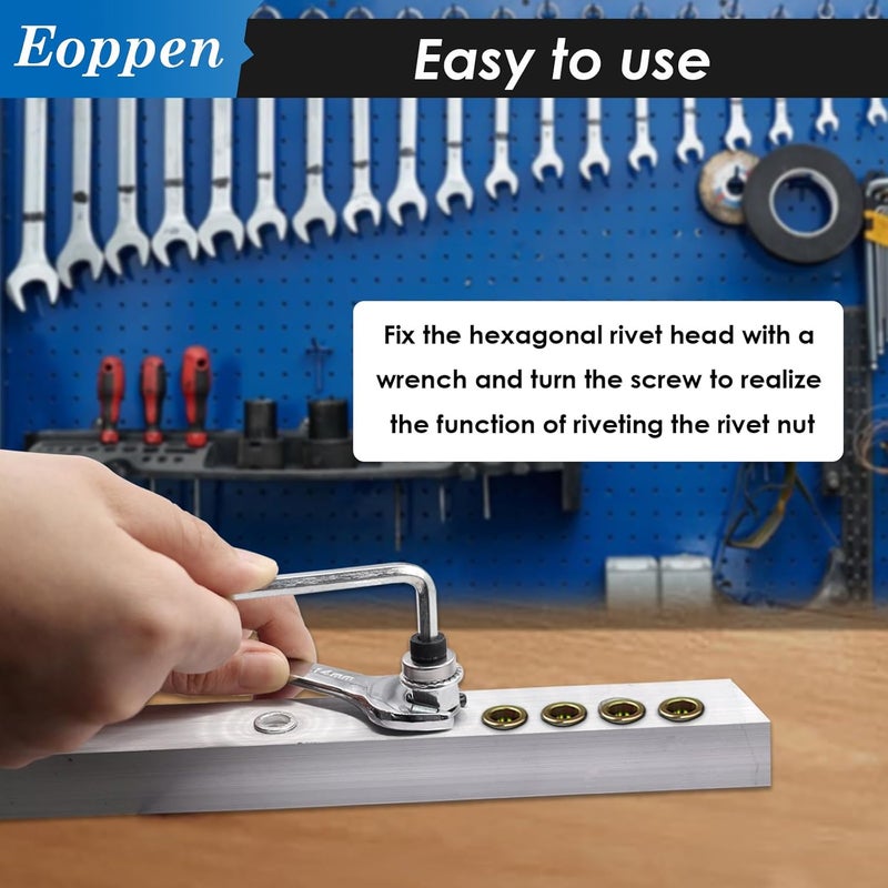 Eoppen 50Pcs M6 Rivet Nuts with Hand Rivet Nut Tool, Carbon Steel Flat Head Threaded Insert Nut Kit for Furniture, Automotive, Marine and Decoration - Image 5