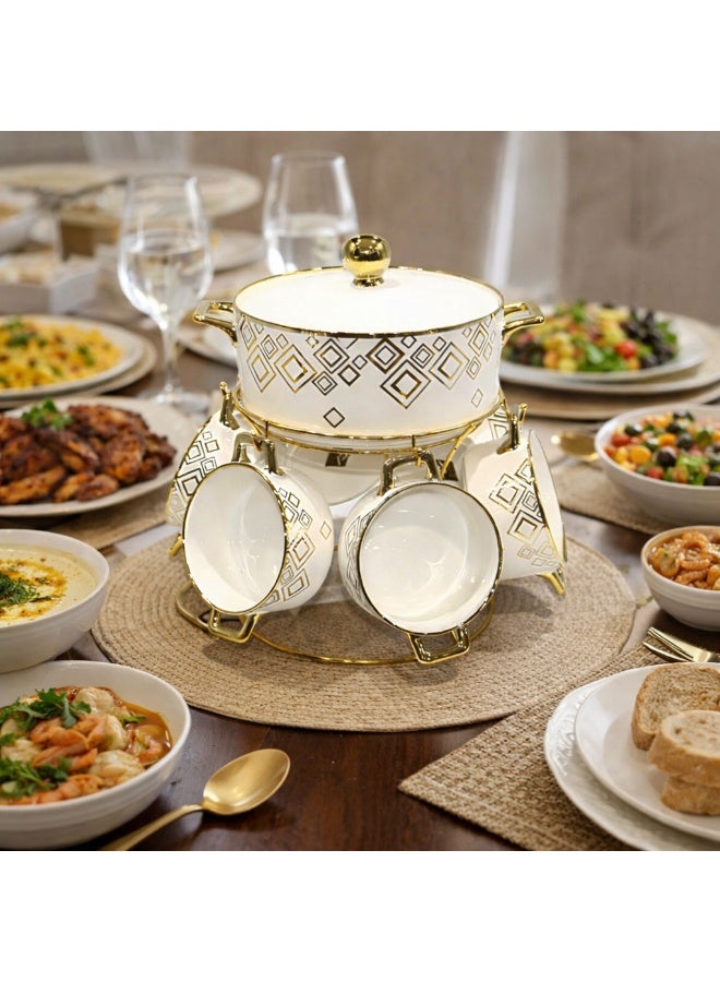 الصحاح طقم شوربة سيراميك فاخر 7 قطع مع حامل معدني ذهبي – تصميم أنيق بنقوش ذهبية – مثالي للتقديم والضيافة - Image 2