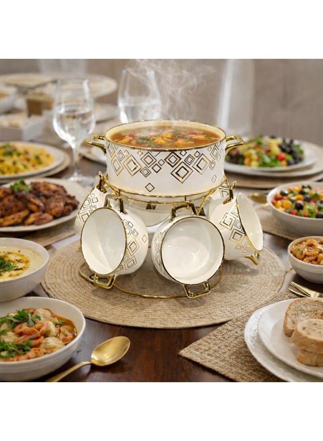 الصحاح طقم شوربة سيراميك فاخر 7 قطع مع حامل معدني ذهبي – تصميم أنيق بنقوش ذهبية – مثالي للتقديم والضيافة - Image 3