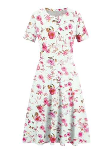 HELYO Women's Elegant Vintage 50s Office Casual Floral Print Work Party A-Line Swing Dress with Pockets 162 (M, Rose White) - Image 3