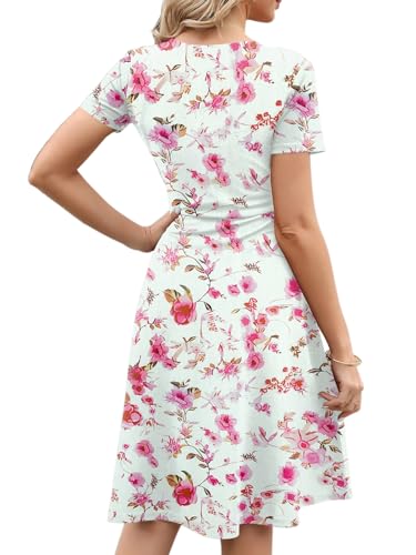 HELYO Women's Elegant Vintage 50s Office Casual Floral Print Work Party A-Line Swing Dress with Pockets 162 (M, Rose White) - Image 2