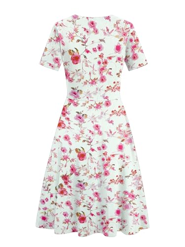 HELYO Women's Elegant Vintage 50s Office Casual Floral Print Work Party A-Line Swing Dress with Pockets 162 (M, Rose White) - Image 4