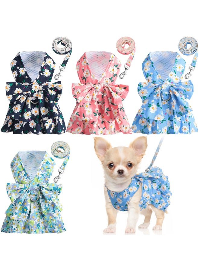 Sanwuta 4 Pack Harness Dog Dress Bowknot Leash Set Floral Princess Dog Harness Dress Vest with Leash Pet Doggy Outfits for Outdoor Walking, 4 Colors(X-Small) - Image 1