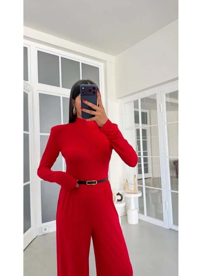 Gaus Red Belted Modal Basic Jumpsuit GAUS-01899.