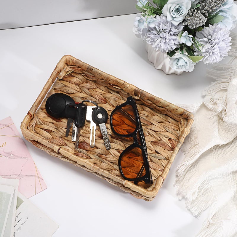 Hipiwe Small Keys Basket for Entryway Table Decorative Wicker Basket Tray Woven Organizer Baskets Water Hyacinth Snacks Fruit Serving Trays for Keys Wallet Cell Phone Candy Organizing, 9.8"x6.3" - Image 2