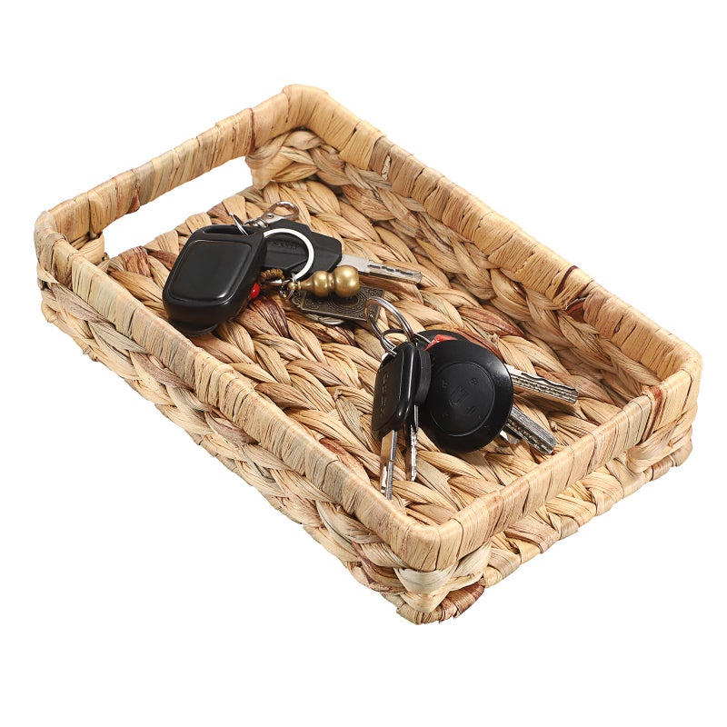 Hipiwe Small Keys Basket for Entryway Table Decorative Wicker Basket Tray Woven Organizer Baskets Water Hyacinth Snacks Fruit Serving Trays for Keys Wallet Cell Phone Candy Organizing, 9.8"x6.3" - Image 1