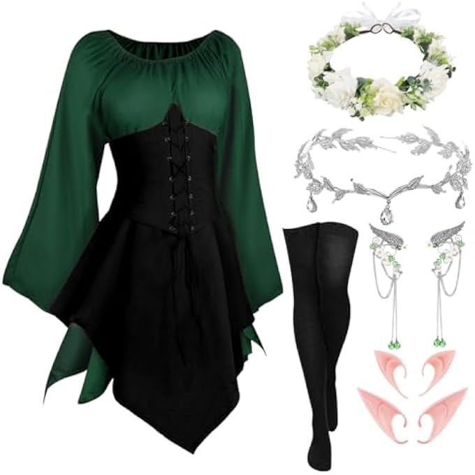 MEDIEVAL COSTUME WOMEN'S RENAISSANCE DRESS CORSET TRUMPET SLEEVES TRADITIONAL IRISH CLOTHING CARNIVAL THEME PARTY OFF SHOULDER - Image 1