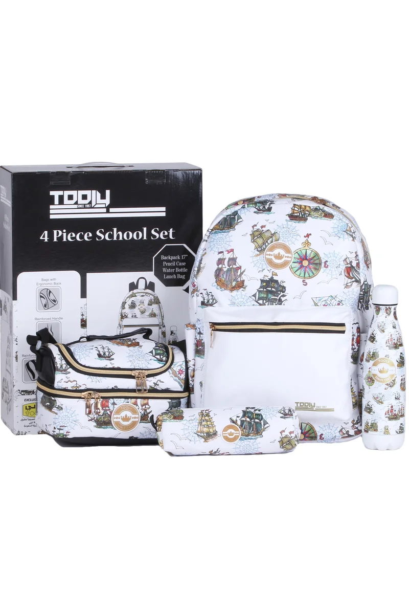 TOOLY School Set 4 Pieces with Backpack, Pencil Case, Water Bottle and Lunch Bag, Nautical Ships Design, White
