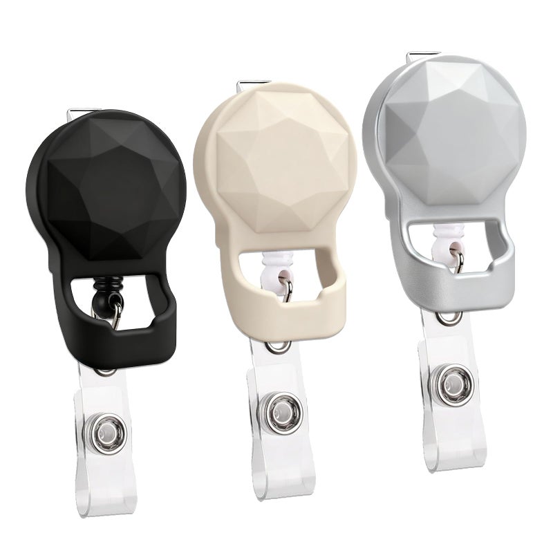 HKNR 3 Pack 2-in-1 Retractable Badge Reel with Eyeglass Holder Diamond Design Multipurpose ID Name Tag Clip Value Set with Alligator Clip & 24" Cord for Nurses, Teachers, Office (Black-Beige-Silver) - Image 1