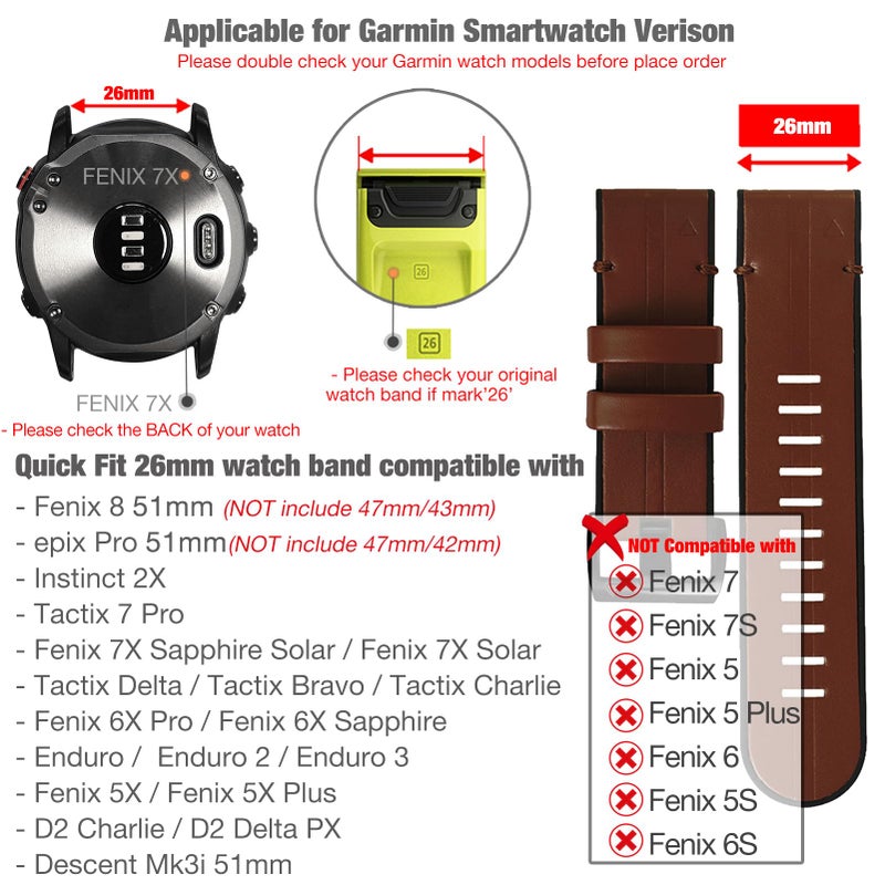 Abanen Unisex Brown Genuine Leather Watch Band for Garmin Fenix 7X/6X/5X Plus, Tactix Delta, Fenix 3, Enduro - Quick Easy Fit, 26mm - Image 4