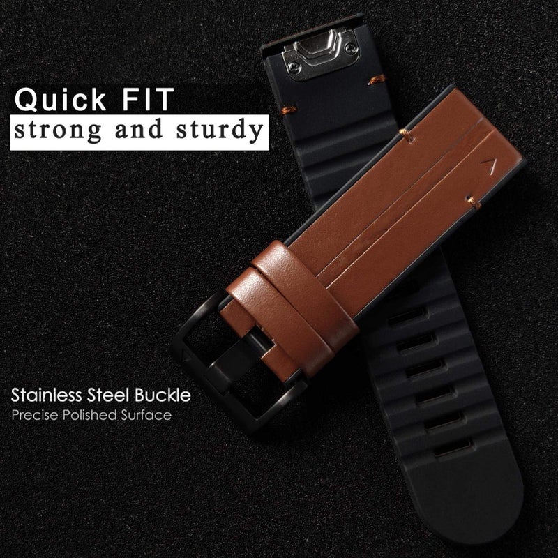 Abanen Unisex Brown Genuine Leather Watch Band for Garmin Fenix 7X/6X/5X Plus, Tactix Delta, Fenix 3, Enduro - Quick Easy Fit, 26mm - Image 5