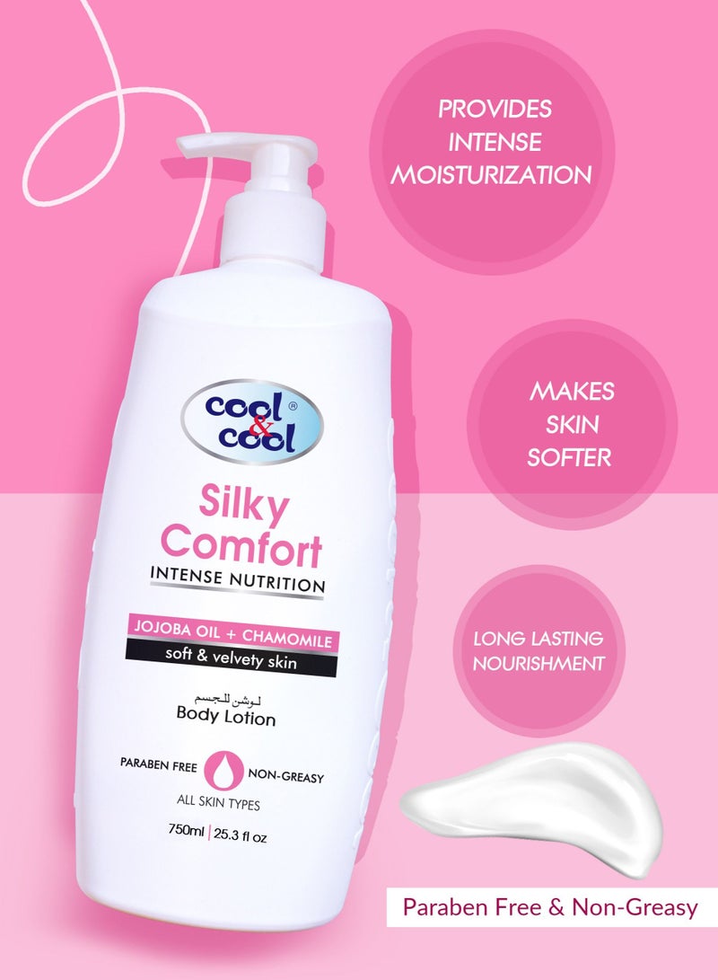 كول اند كول لوشن الجسم كول آند كول سيلكي كومفورت 750 مل - تركيبة مغذية لجميع أنواع البشرة، غنية بزيت الجوجوبا والبابونج، غير دهني وخالي من البارابين لبشرة ناعمة مخملية - Image 2
