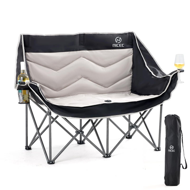 Nice C Loveseat Camping Chair Double Couch Oversized Padded Folding Portable Camp Chair With Wine Glass Holder
