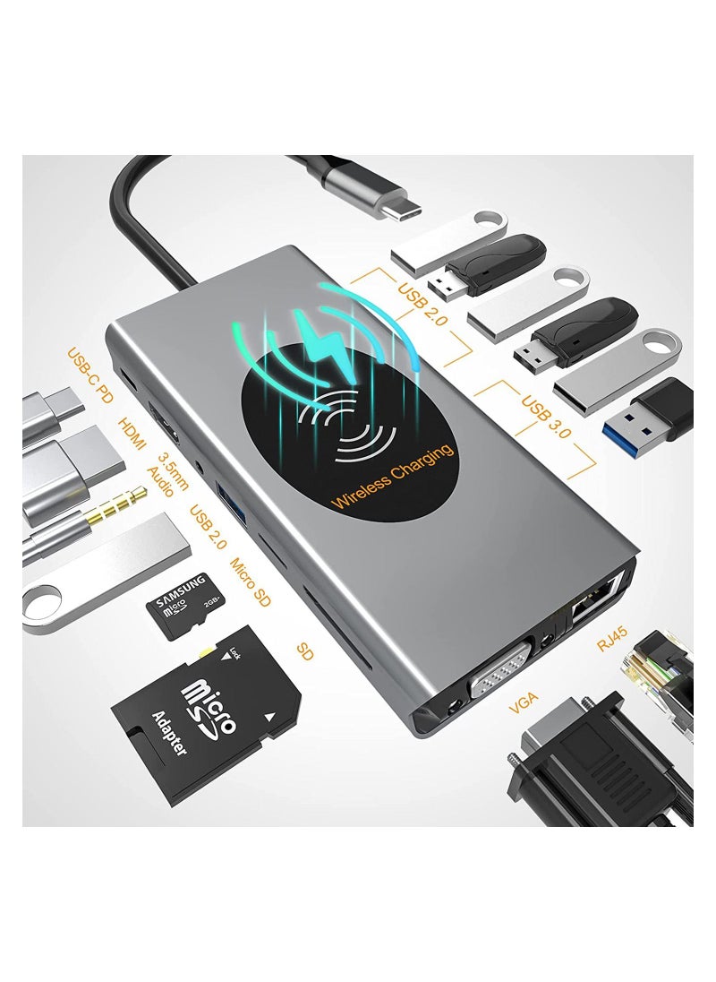 SYOSI - SYOSI USB C Hub for MacBook Air/Pro,15 in 1 Multiport Adapter,Dongle with Wireless Charger,4K HDMI,Ethernet,VGA,100W PD,3 USB 3.0,4 USB 2.0,SD/TF Card Reader 3.5mm Audio Jack for Type C Laptop - Image 1