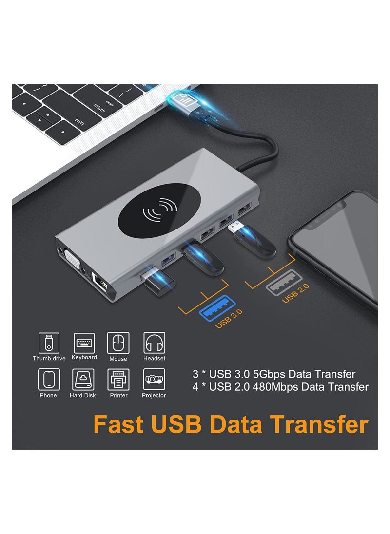 SYOSI - SYOSI USB C Hub for MacBook Air/Pro,15 in 1 Multiport Adapter,Dongle with Wireless Charger,4K HDMI,Ethernet,VGA,100W PD,3 USB 3.0,4 USB 2.0,SD/TF Card Reader 3.5mm Audio Jack for Type C Laptop - Image 1